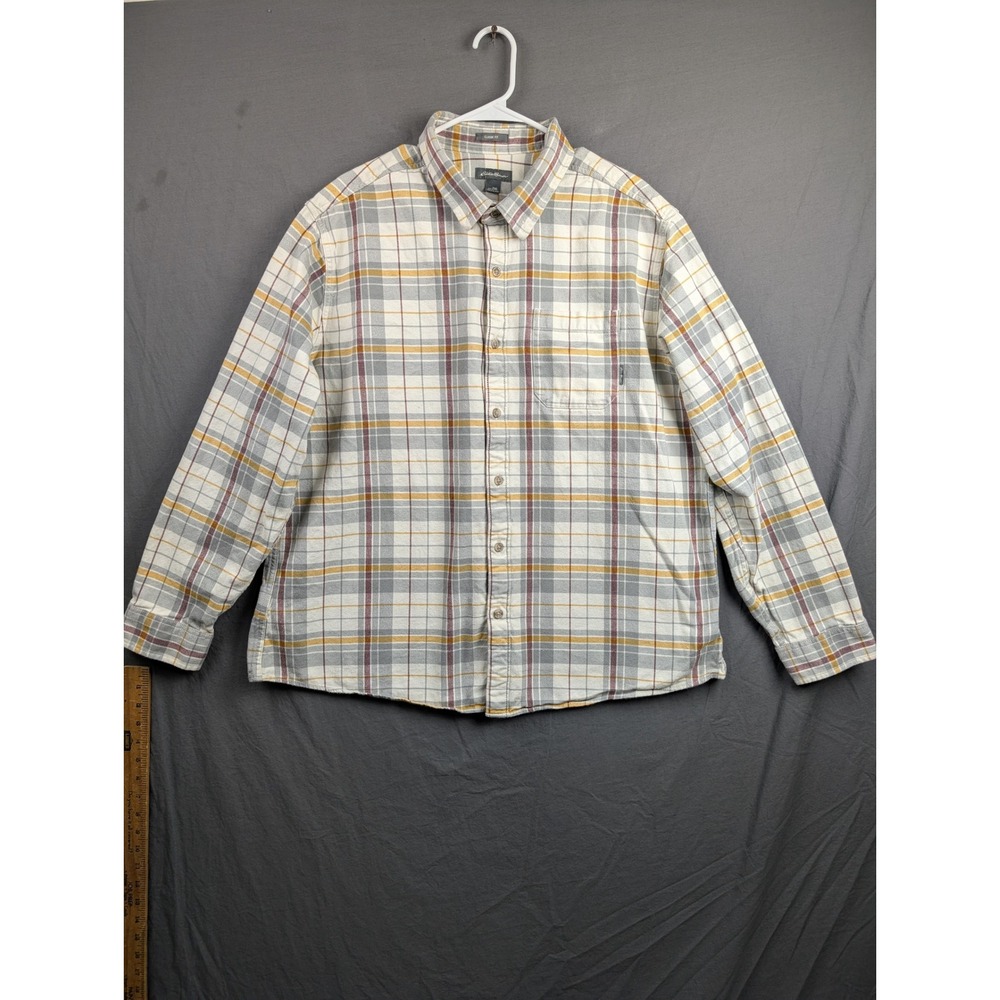 Eddie Bauer Mens 2XL Classic Fit Plaid‎ Flannel Button Up Shirt Gray Yellow